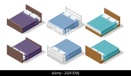 Isometric set furniture double bed illustration isolated on white background. Wooden double bed with linen Stock Vector