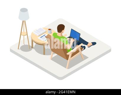 Isometric business man working at home with laptop and papers on desk. Freelance or studying concept. Online meeting work form home. Home office. Stock Vector