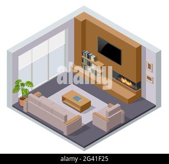 Isometric large luxury modern bright interiors room, fireplace and tv. Modern living room interior of real home isolated on white Stock Vector