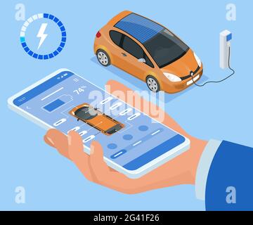 Isometric concept of electric vehicle charge, mobile application for charge management. Car fuel manager smartphone interface. Stock Vector