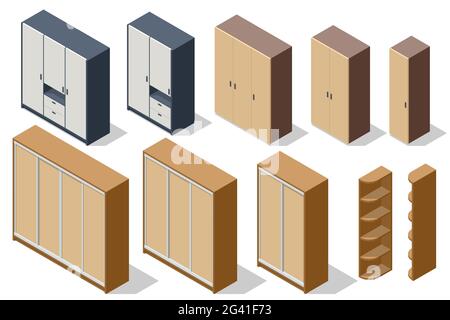 Isometric various elements wooden wardrobes isolated on white background for creating a interior of modern wardrobe room design. Spacious wardrobe Stock Vector