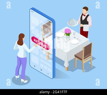 Online reserved table in restaurant. Concept Reserved in cafe. Isometric concept of table online reservation, mobile booking. Stock Vector