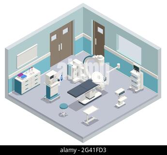 Isometric Equipment and Medical Devices in Modern Operating Room. Medical Devices for Neurosurgery. Vector illustration isolated on a white background Stock Vector