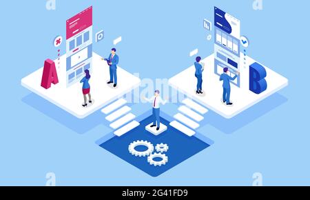 Isometric AB testing, comparison concept. Split Testing web page comparing. Stock Vector
