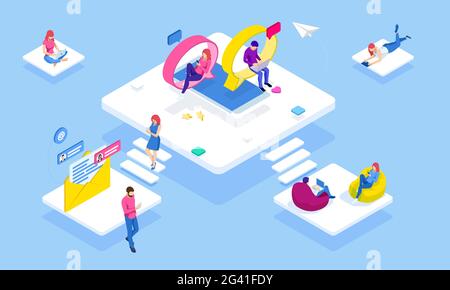 Isometric woman and man typing on mobile smartphone.Short message service bubbles. Chat in social networks on speech bubble send messages photo selfie Stock Vector