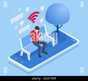 Isometric man in free internet zone using mobile gadgets, tablet pc and smartphone. WIFI zone. A man sits on a bench in the park and communicates in Stock Vector