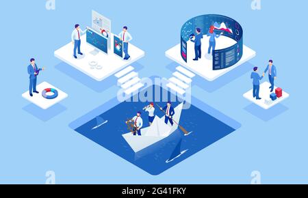 Isometric concept of business analysis, analytics, research, strategy statistic, planning, marketing, study of performance indicators. Business to Stock Vector