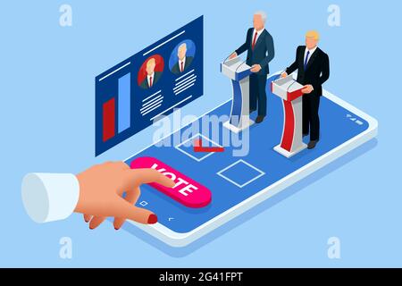 Isometric Online Voting and Election Concept. E-voting, Election Internet System. Smartphone with Vote on Screen. Usa debate of president voting 2020. Stock Vector