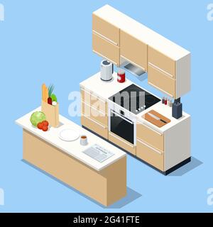 Isometric minimalist kitchen room interior with dinning furniture on a floor. Interior modern kitchen with island. Stock Vector