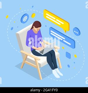 Work at home, Freelance isometric concept design. Chat messages notification on laptop, coworking space Stock Vector