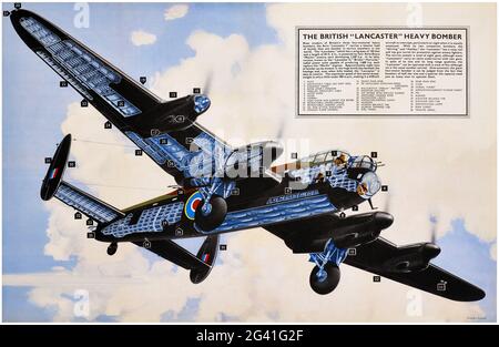 The British 'Lancaster' Heavy Bomber. Artist unknown. Restored vintage poster published in 1942 in the UK. Stock Photo