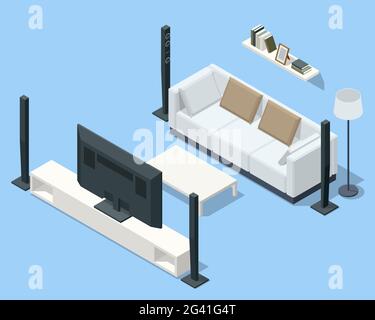 Isometric home theater, audio system isolated on white background. Home cinema speaker. Stock Vector