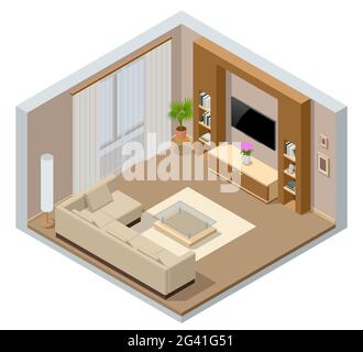 Isometric large luxury modern bright interiors room. Modern living room interior of real home isolated on white Stock Vector