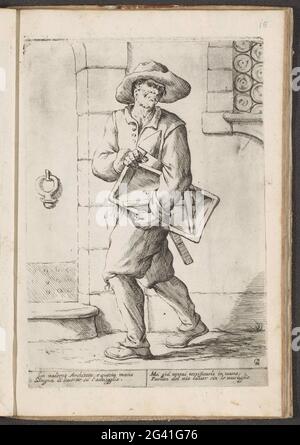 Mason; Street vendors in Bologna; L'ARTI PER VIA. A bricklayer with a bracket and crowbar under his arm, to his belt a measuring status. Italian verse in undermarge. The print is part of an album. Stock Photo