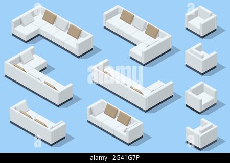 Isometric set of modern sofa. Modern couch with pillows isolated on background Stock Vector