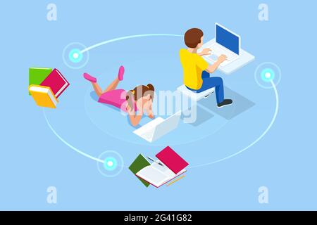 E-learning, Online Education at Home. Isometric concept for Digital Reading, E-classroom Textbook, Modern Education, Online Training and Course, Audio Stock Vector