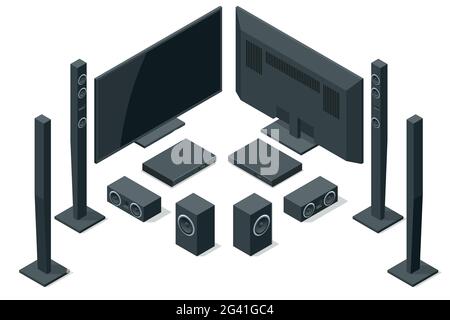 Isometric home theater, audio system isolated on white background. Home cinema speaker set. Stock Vector