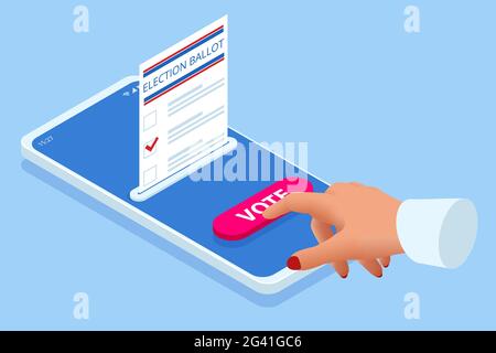 Isometric Online Voting and Election Concept. E-voting, Election Internet System. Smartphone with Vote on Screen. Stock Vector