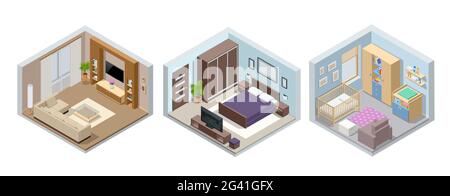 Isometric large luxury modern bright interiors living room, children s room, bedroom. Modern interior of real home isolated on white Stock Vector