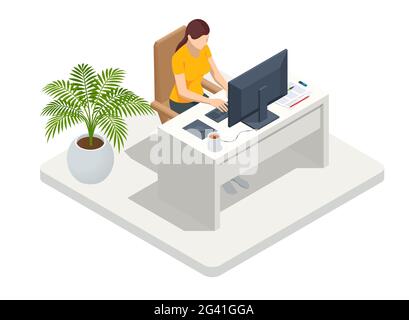 Isometric business woman working at home with laptop and papers on desk. Freelance or studying concept. Online meeting work form home. Home office. Stock Vector