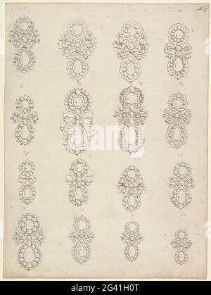 Three Sheets with Designs for Earrings. These numbered sheets probably come from a presentation catalogue. This was a way for a jeweller or travelling salesman to show his clients many variations on the same type of earrings, always modifying a basic design. The pear-shaped stones that recur in many of the designs point to the use of teardrop-shaped pearls. Stock Photo