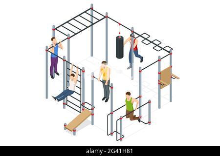 Isometric sportsmen making workout, pull-ups, barbell, push-ups, weight lifting, dumbbell training. People doing fitness and crossfit workouts in many Stock Vector