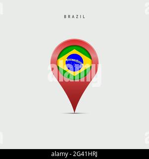 Teardrop map marker with flag of Brazil. Brazilian flag inserted in the location map pin. Vector illustration isolated on light grey background. Stock Vector