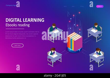 E-learning, Online Education at Home. Isometric concept for Digital Reading, E-classroom Textbook, Modern Education, Online Training and Course, Audio Stock Vector