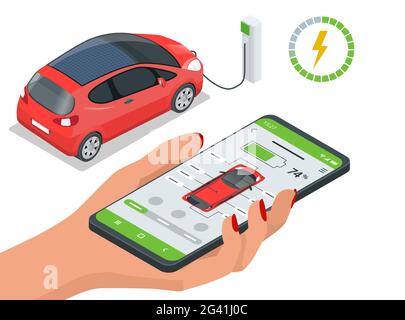 Isometric concept of electric vehicle charge, mobile application for charge management. Car fuel manager smartphone interface. Stock Vector