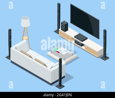 Isometric home theater, audio system isolated on white background. Home cinema speaker. Stock Vector