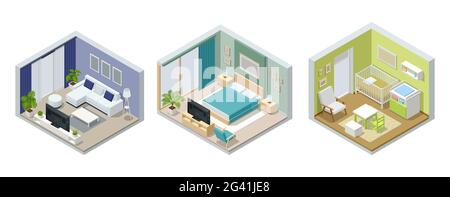 Isometric large luxury modern bright interiors living room, children s room, bedroom. Modern interior of real home isolated on white Stock Vector