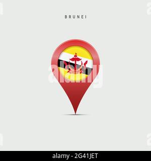 Teardrop map marker with flag of Brunei. Brunei flag inserted in the location map pin. Vector illustration isolated on light grey background. Stock Vector