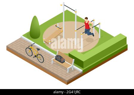 Isometric sportsman making workout, push-ups and exercises. Street workout exercises and outdoor gymnastics Stock Vector