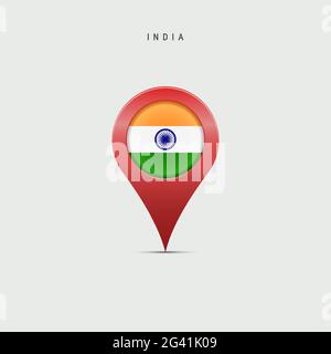 Teardrop map marker with flag of India. Indian flag inserted in the location map pin. Vector illustration isolated on light grey background. Stock Vector