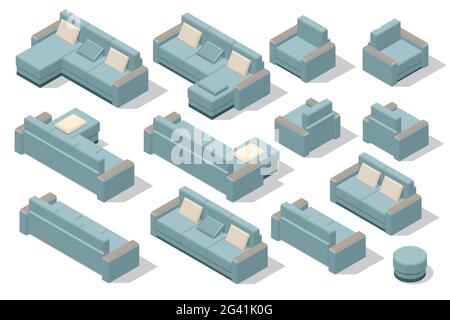 Isometric set of modern sofa. Modern couch with pillows isolated on white background Stock Vector