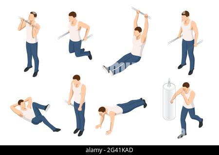 Isometric set icons of sportsman making workout, pull-ups, barbell, push-ups, weight lifting, dumbbell training. People doing fitness and crossfit Stock Vector