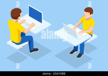 Isometric boy at the computer front and back view isolated on white. Boy is studying of the laptop. E-learning, study at home online. Stock Vector
