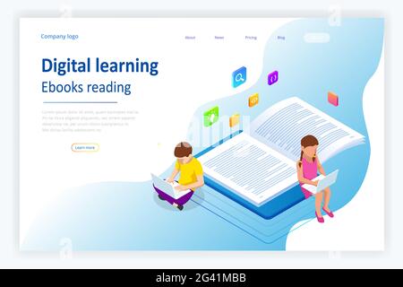 E-learning, Online Education at Home. Isometric concept for Digital Reading, E-classroom Textbook, Modern Education, Online Training and Course, Audio Stock Vector