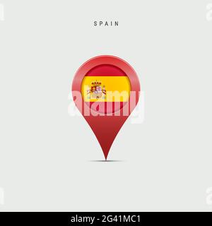Teardrop map marker with flag of Spain. Spanish flag inserted in the location map pin. Vector illustration isolated on light grey background. Stock Vector
