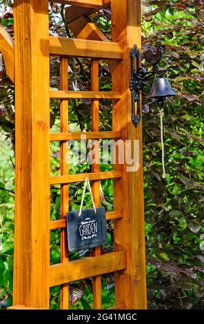 Outdoor interior with wooden fence in the garden, Stock Photo