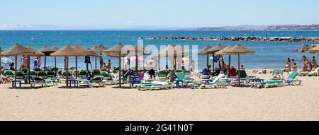 MARBELLA, ANDALUCIA/SPAIN - MAY 4 : View of the beach in Marbella Spain on May 4, 2014. Unidentified people. Stock Photo