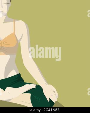 Woman Meditating Sitting in Lotus Posture. Yoga class practice, healthy lifestyle, relaxation. Trendy flat vector illustration. Template for card, pos Stock Vector