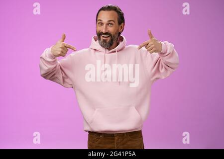 Energized good-looking cool hipster mature man bearded grey hair wrinkles pointing himself bragging accomplishments wanna partic Stock Photo