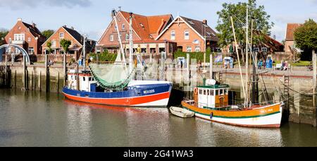 Harbor and shrimp cutters, boats, panorama, Neuharlingersiel, East Frisia, Lower Saxony, Germany Stock Photo