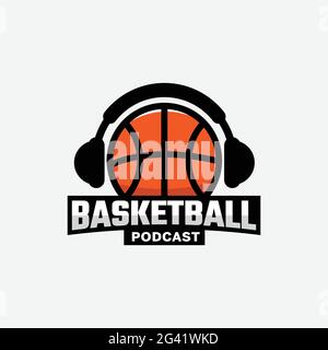 BasketBall with Headphone Logo Design Template. Suitable for Basketball Sport Streaming Podcast Broadcast Radio Channel Business Brand Simple Modern Stock Vector