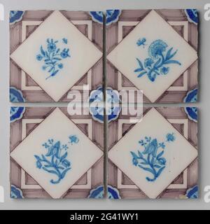 Four, square tiles, purple with blue and white corners. Four tiles, purple and blue, with a flower branch inside a square. Stock Photo