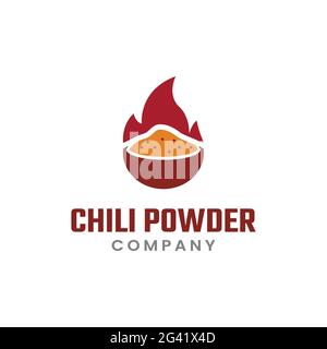 Chili Powder in a Bowl with Flaming Flat Logo Design. a spice blend made from ground dried chiles and a number of other spices. Stock Vector