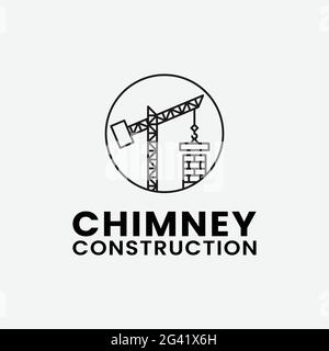 Crane and Chimney for Chimney Construction Builder in Line Style Logo Design Template Stock Vector