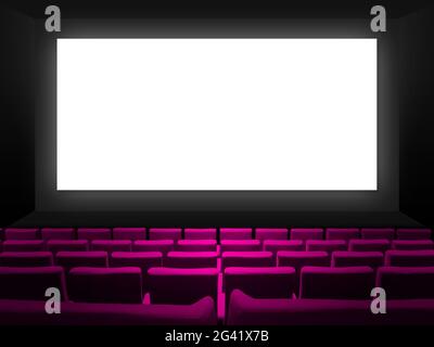 Cinema movie theatre with pink seats and a blank white screen Stock Photo