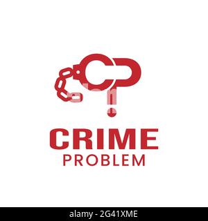 Letter Initial CP for Crime Problem in Red Color Logo Design Template.  The letter C forms handcuffs and the letter P forms a question mark. Stock Vector